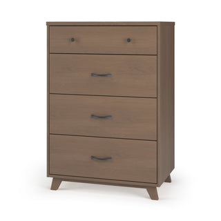 The Child Craft Soho 4 Drawer Chest in Dusty Heather features a simple, modern design with a top drawer of two round knobs and three lower drawers with horizontal handles, set on angled legs—perfect for a mid-century modern nursery.