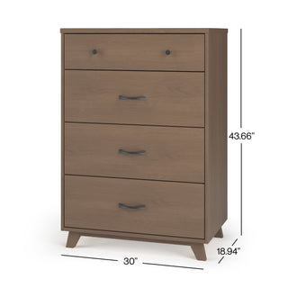 The Child Craft Soho 4 Drawer Chest in Dusty Heather features black handles and measures 43.66" H x 30" W x 18.94" D—perfect as nursery furniture or a mid-century modern nursery chest.