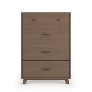 The Child Craft Soho 4 Drawer Chest in Dusty Heather features three drawers with curved black handles, a top drawer with two round knobs, and angled legs. This stylish mid-century modern chest is perfect for your nursery.