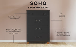 The Child Craft Soho 4 Drawer Chest in Ebony features metal pulls, conical knobs on the top drawers, mid-century modern canted wooden legs, and four spacious drawers, shown against a beige wall.