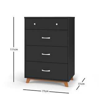 Black four-drawer dresser with silver handles and wooden legs, inspired by mid-century modern design. Measures 111x77x51 cm. Complements the Child Craft Soho 4-Piece Nursery Set or a convertible crib.