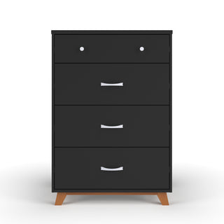The Child Craft Soho 4 Drawer Chest in Ebony features small wooden legs, a black finish, a top drawer with two knobs, and three lower drawers with curved silver handles. Background is plain white.