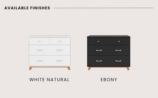 Two dressers are shown side by side: one in a white natural finish, the other is the Child Craft Soho 3-Drawer Dresser in Ebony. Both feature similar drawer designs and wooden legs. Text reads: Available Finishes.