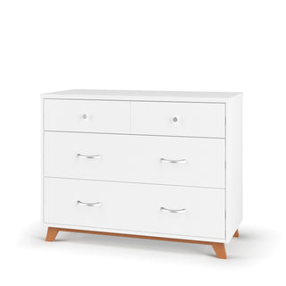 The Child Craft Soho 3-Drawer Dresser in White/Natural features two small drawers above a large bottom drawer, silver handles, short wooden legs, and is set against a plain white background.
