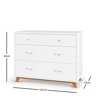 The Child Craft Soho 3-Drawer Dresser in White/Natural features two spacious lower drawers, one upper drawer, silver handles, and angled wooden legs. Its dimensions are 84 cm tall, 107 cm wide, and 52 cm deep.
