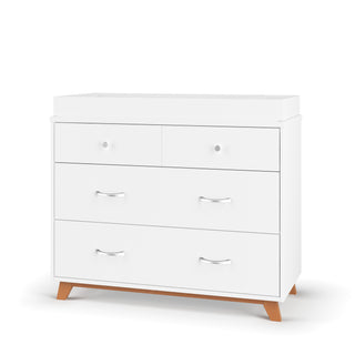 The Child Craft Soho 3-Drawer Dresser in White/Natural features two small top drawers and one large bottom drawer, all with silver handles and wooden legs, set against a plain white background.