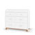 The Child Craft Soho 3-Drawer Dresser in White/Natural features two small top drawers and one large bottom drawer, all with silver handles and wooden legs, set against a plain white background.