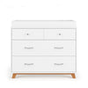 The Child Craft Soho 3-Drawer Dresser in White/Natural features two small upper drawers, one large lower drawer, silver handles, and short wooden legs, shown against a white background.