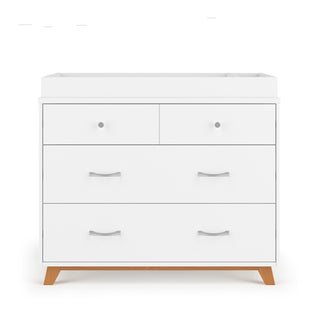 The Child Craft Soho 3-Drawer Dresser in White/Natural features two small upper drawers, one large lower drawer, silver handles, and short wooden legs, shown against a white background.