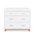 The Child Craft Soho 3-Drawer Dresser in White/Natural features two small upper drawers, one large lower drawer, silver handles, and short wooden legs, shown against a white background.