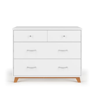 The Child Craft Soho 3-Drawer Dresser in White/Natural features three spacious drawers with sleek handles and stands on angled wooden legs, shown here against a plain white background.