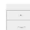 A close-up of the upper section of the Child Craft Soho 3-Drawer Dresser in White/Natural features a top drawer with a round silver knob above a larger drawer with a curved silver handle.