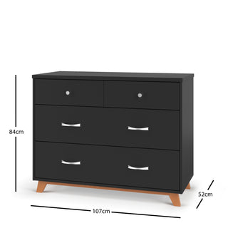 The Child Craft Soho 3-Drawer Dresser in Ebony features three drawers, silver handles, and wooden angled legs. It measures 84cm high, 107cm wide, and 52cm deep.