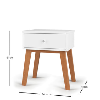 The Soho Nightstand by Child Craft features a white mid-century modern design with a single drawer and natural wood legs. Ideal for nurseries or kids' rooms, it measures 61 cm high, 54 cm wide, and 41 cm deep.