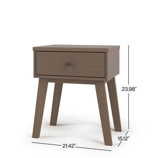 The Child Craft Soho Nightstand in Dusty Heather features a single drawer, angled legs, and round knob. Ideal for a nursery or kid's room, it measures 23.98" H x 21.42" W x 15.12" D.