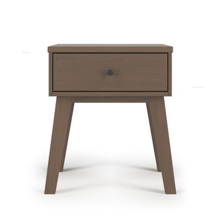 The Child Craft Soho Nightstand in Dusty Heather features a single drawer with a round black knob and four angled legs, bringing mid-century modern style to your nursery furniture collection.