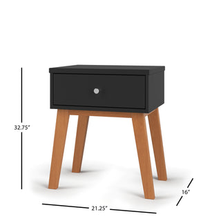The Child Craft Soho Nightstand in Ebony is a small mid-century modern piece with one drawer, round silver knob, and four angled wooden legs—ideal for kids' rooms or nurseries. Dimensions: 32.75"H x 21.25"W x 16"D.
