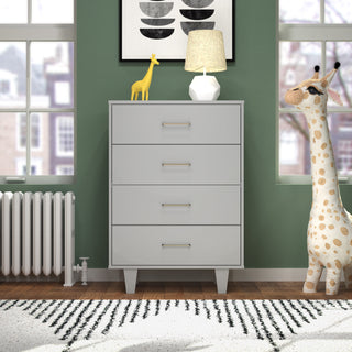 A modern nursery features the Child Craft Tremont 4 Drawer Chest in Gentle Gray, a lamp, yellow giraffe figurine, large stuffed giraffe, green walls, big windows, a radiator, and a patterned rug for a cozy finish.