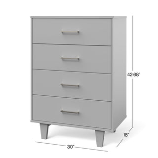The Child Craft Tremont 4 Drawer Chest in Gentle Gray features a modern, minimalist design with metal handles, angled legs, and measures 42.68"H x 30"W x 18"D.