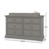 The Child Craft F01792 Universal Changing Table Topper in Lunar Gray sits atop a six-drawer dresser (56.75"W x 37.5"H x 19"D), creating a convenient changing space.