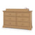 The Child Craft Legacy Changing Table Topper in Biscotti sits securely atop a wooden dresser with six drawers and round knobs, holding two pump bottles.