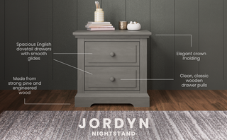 A Child Craft Jordyn Nightstand, Ready-to-Assemble in Lunar Gray, features baby-safe finishes, sturdy pine, two spacious drawers with classic wooden pulls, and elegant crown molding. Product: Jordyn Nightstand.