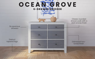 The Child Craft Ocean Grove Double Dresser in White/Gray offers six roomy drawers, classic bronze pulls, and a distressed two-tone look—perfect nursery furniture for a nautical farmhouse vibe against a white shiplap wall.