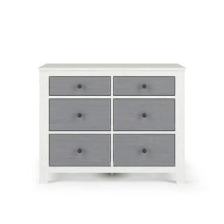 The Child Craft Ocean Grove Double Dresser, White/Gray, pairs a sleek white frame with gray drawers and black knobs for a modern nautical farmhouse look—ideal for chic nurseries or contemporary spaces.