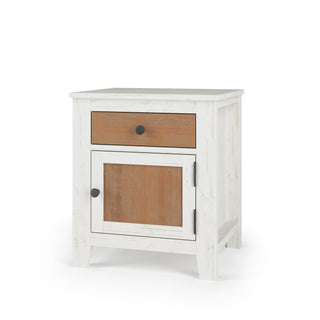 The Child Craft Ocean Grove Nightstand in White/Brown features a small wooden design with a white distressed finish, one brown drawer with a black knob, and a brown cabinet door with black hardware—ideal for nautical or farmhouse decor.