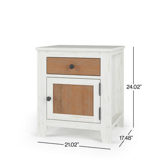 The Child Craft Ocean Grove Nightstand, White/Brown, offers a white wooden frame with a brown drawer and cabinet door in a rustic farmhouse style. Perfect for nurseries, it measures 24.02"H x 21.02"W x 17.48"D.