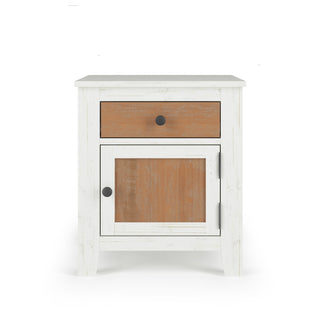 The Child Craft Ocean Grove Nightstand, White/Brown, features a white frame, brown drawer and cabinet with black knobs on four tapered legs—perfect for adding nautical farmhouse charm to your nursery.