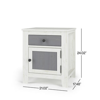 The Child Craft Ocean Grove Nightstand in white/gray has a gray drawer and cabinet door with black knobs. It measures 24.02"H x 21.02"W x 17.48"D.