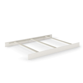 The Child Craft F06401 Full-Size Bed Rails in Brushed Cotton feature a white wooden frame, pine wood rails, slatted support, and a rectangular headboard and footboard, displayed against a plain white background.