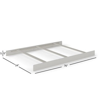 The Child Craft F06401 Full-Size Bed Rails in Gentle Gray are made from sturdy pine wood. Shown without a mattress, the rails measure 76" W x 54" D x 5.25" H and feature horizontal and vertical support slats.