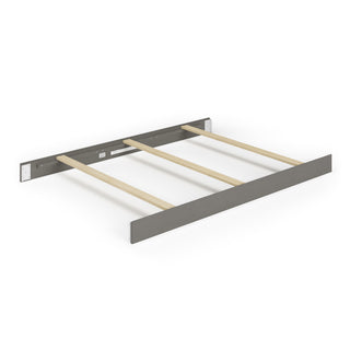 The Child Craft F06401 Full-Size Bed Rail in Lunar Gray includes two gray metal rails, a matching head rail, and three light wood slats—sturdy components designed to support a full-size mattress.