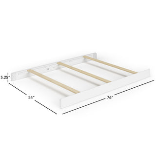 The Child Craft F06401 Full-Size Bed Rails in matte white feature three light wood slats, fit standard full beds, and measure 76"L x 54"W x 5.25"H. Black measurement lines and labels clearly indicate the dimensions.