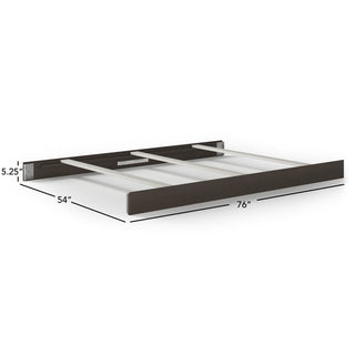 The Child Craft F06401 Full-Size Bed Rails in Dapper Gray is a low-profile bed frame with three white support slats, modern minimalist dark front panel, and measures 76"W x 54"D x 5.25"H.