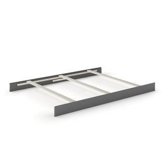 The Child Craft F06401 Full-Size Bed Rails in Brushed Pebble feature a grey headboard and footboard, four horizontal metal support slats, and sturdy pine wood rails, shown on a white background.