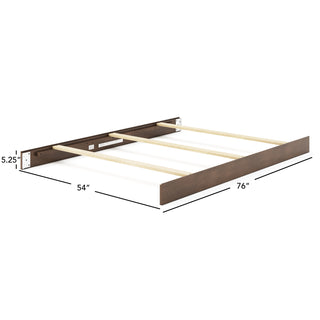 The Child Craft F06401 Full-Size Bed Rails in Cocoa Bean are made of sturdy pine, featuring three support slats. Shown angled, the rails measure 54" wide, 76" long, and 5.25" tall.