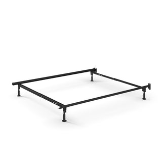 The Child Craft Hollywood Metal Bed Frame features a black, rectangular metal design with four legs. Shown on a white background, it’s perfect for use with a Hollywood Full Size Conversion Kit, transforming your crib into a sturdy, minimalistic full-size bed.