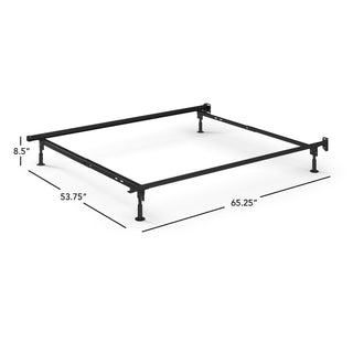 The Child Craft Hollywood Metal Bed Frame features four legs, three center supports, and is compatible with the Hollywood Full Size Conversion Kit to convert a Child Craft crib to a full bed. Dimensions: 65.25" W x 53.75" D x 8.5" H.