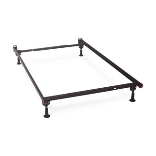 The Child Craft Hollywood Metal Bed Frame features a sturdy rectangular design with four legs, supporting a mattress and box spring, and works with the Hollywood Full Size Conversion Kit for an easy crib-to-full bed transition.