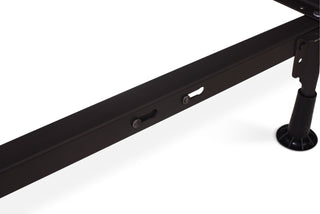 Close-up of a Hollywood Metal Bed Frame rail by Child Craft, showing two adjustment slots and a round leg with a wide plastic foot, designed to convert your Child Craft crib to a full-size bed. White background.