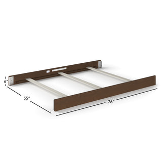 The Child Craft F06424 Full-Size Bed Rails in Toasted Chestnut provide a sturdy wooden foundation with three horizontal support slats, measuring 76" wide, 55" deep, and 6" high.
