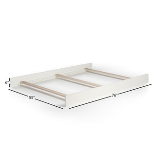 A Child Craft F06424 Full-Size Bed Rail in Vintage Linen, measuring 76" L x 55" W x 6" H, features a white wooden base with three horizontal support slats; compatible with a crib conversion kit or optional bed rails.