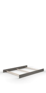The Child Craft F06424 Chelsea Gray features full-size bed rails and sturdy wooden slats for mattress support, shown here against a plain white background.