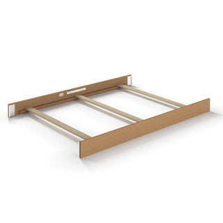 The Child Craft F06424 Full-Size Bed Rails in Biscotti, featuring a headboard, footboard, and three metal support slats, are shown against a white background—ideal for crib conversion or full-size bed use.