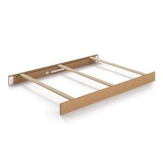 The Child Craft F06424 Full-Size Bed Rails in Biscotti feature three horizontal support slats and a light wood finish, shown without a mattress or headboard, set against a white background.