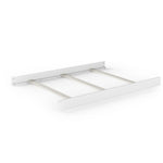 The Child Craft F06454 Full-Size Bed Rails in matte white feature a modern wooden frame with headboard and footboard, three horizontal support slats, and are ideal for use with a crib conversion kit; shown without mattress.