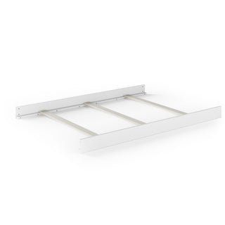 The Child Craft F06454 Full-Size Bed Rails in matte white feature a modern wooden frame with headboard and footboard, three horizontal support slats, and are ideal for use with a crib conversion kit; shown without mattress.